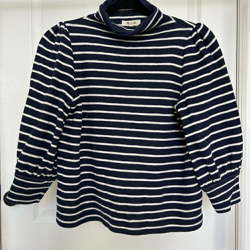 Madewell Blue/White Striped Cotton Mock Turtleneck Sweater with 3/4 Sleeved